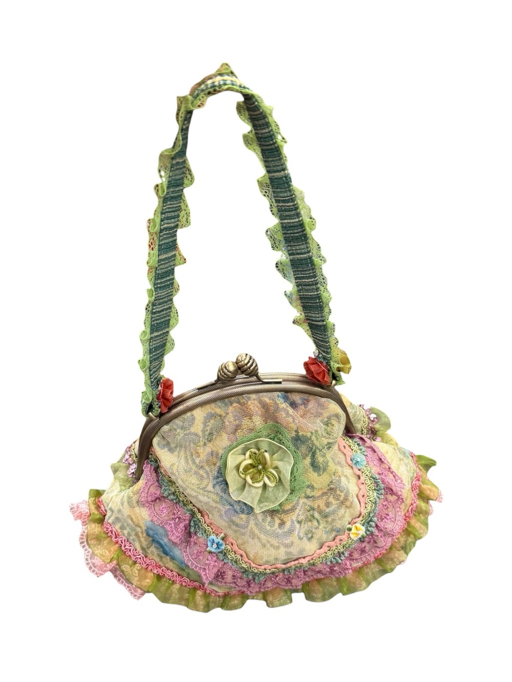 Boho/Fairy Floral Ruffle Frame Handbag in Green/Pink